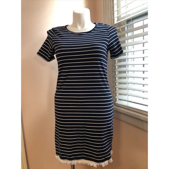 Beach Lunch Lounge NWOT Blue White Striped Short Sleeve Dress Fringe Large - Picture 1 of 8